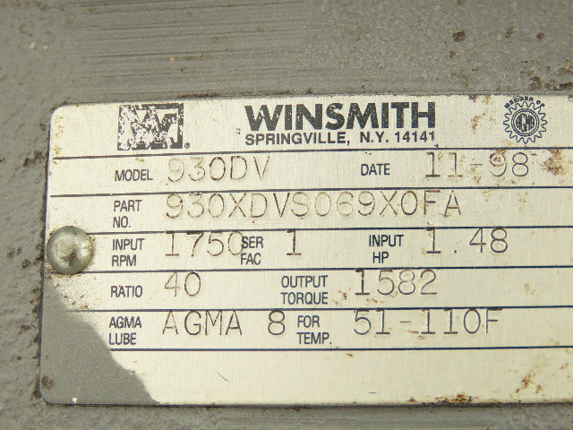 Winsmith 930DV Speed Reducer Gearbox 40:1 Ratio 1.48HP Vertical Output