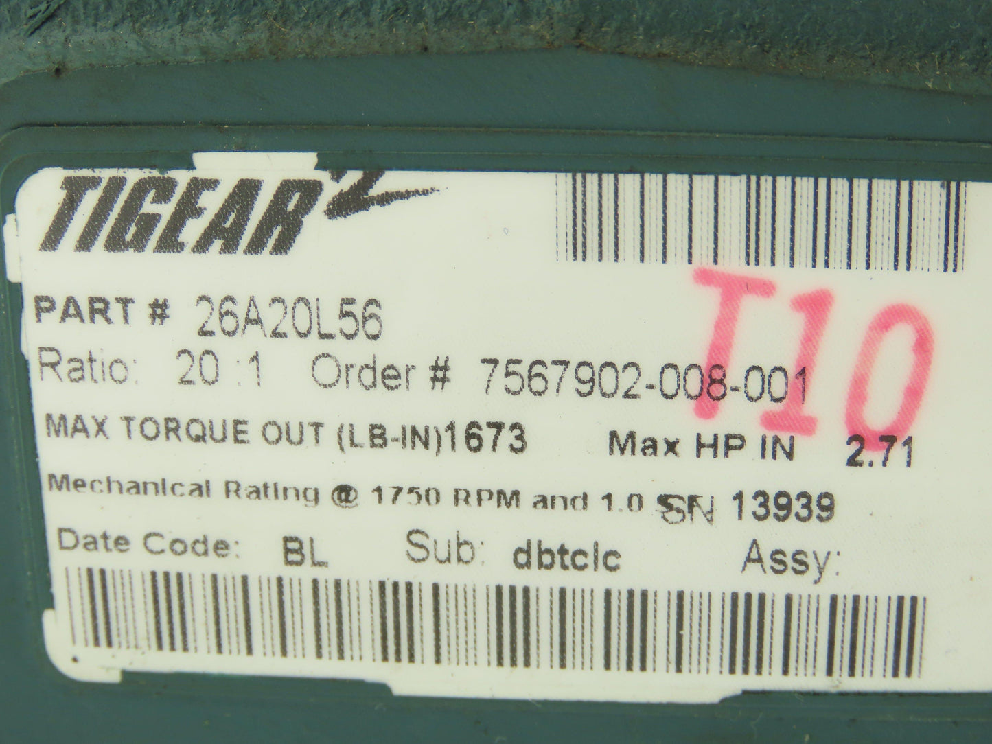 Dodge Tigear 26A20L56 Worm Gear Box Speed Reducer 20:1 Ratio 2.71HP 1-1/8"LH 56C