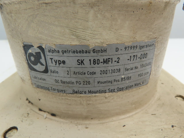 Alpha SK 180-MF1-2-171 Right Angle Planetary Gearbox 2:1 Ratio Gear Head 32x40mm