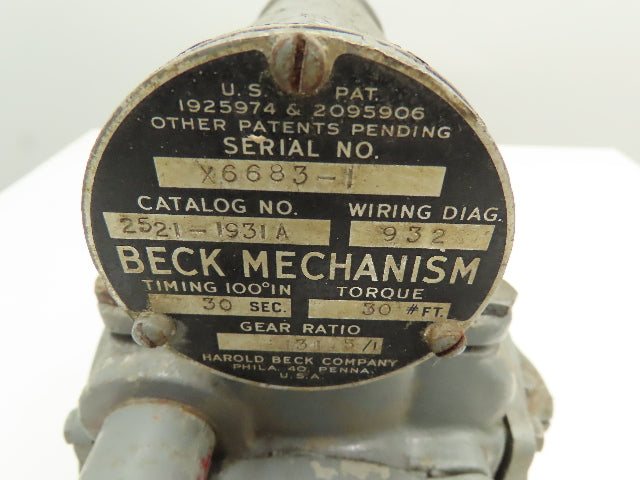 Harold Beck Company 2521-1931A Actuator 131.5:1 Ratio 30#FT. 100° in 30 Sec 115v