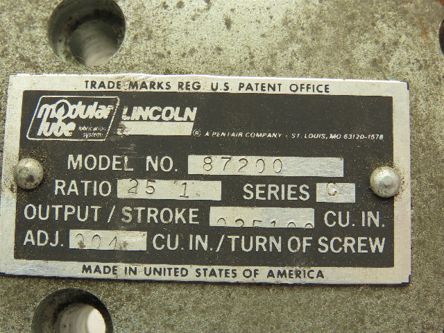 Lincoln 87200 Modular Lube Pump Ratio 25:1 Output/Stroke 0.025-0.100