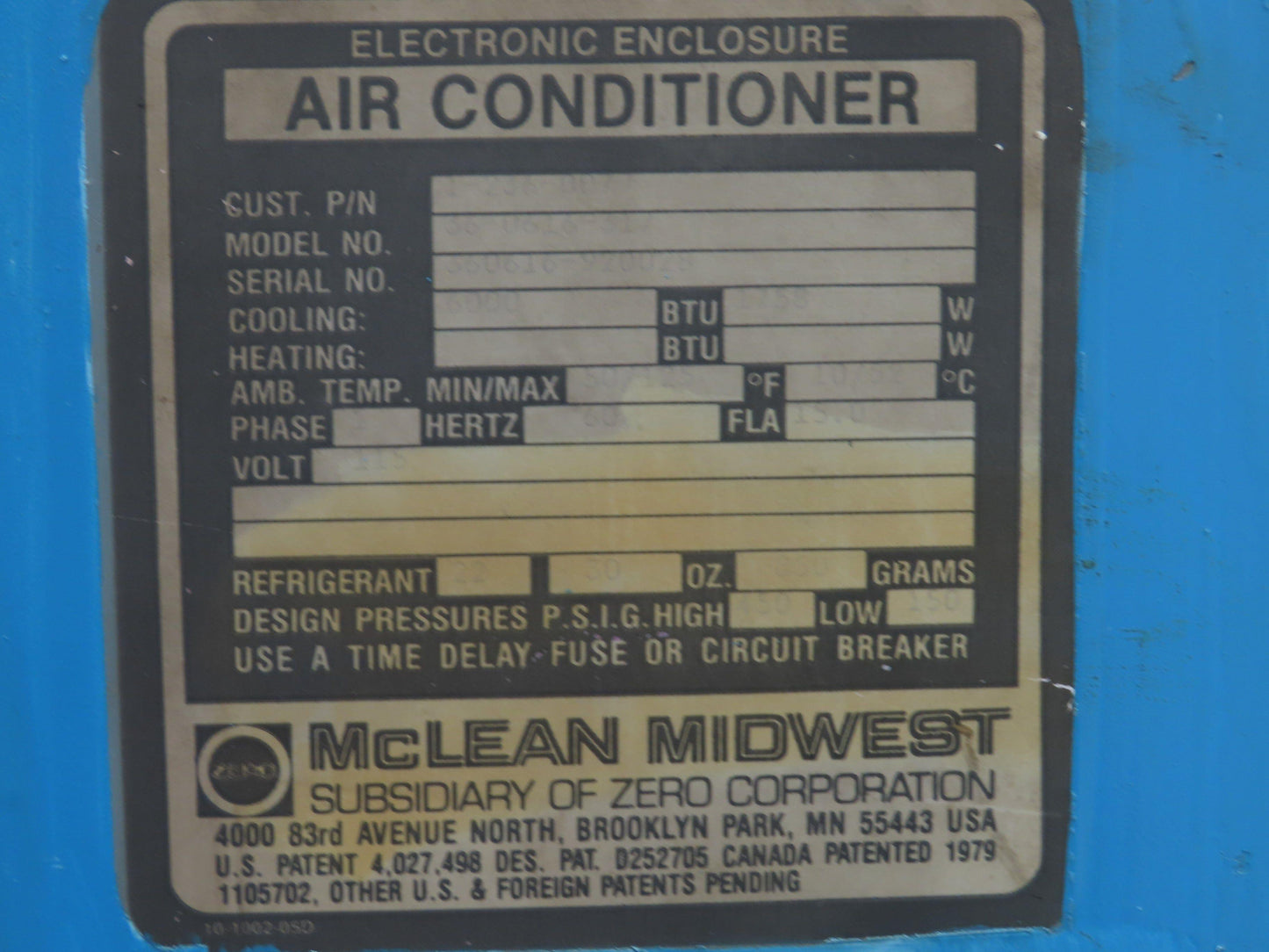 McLean Midwest 36-U616-317 Electrical Enclosure Air Conditioners 115v 1ph