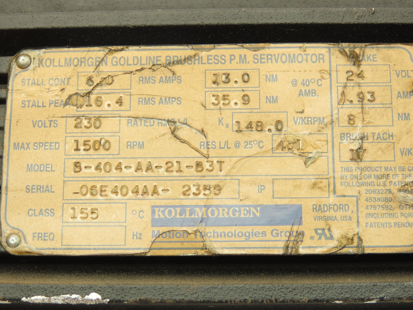 Kollmorgen Goldline B-404-AA-21-B3T Brushless PM Servo Motor 1500RPM 24V Brake