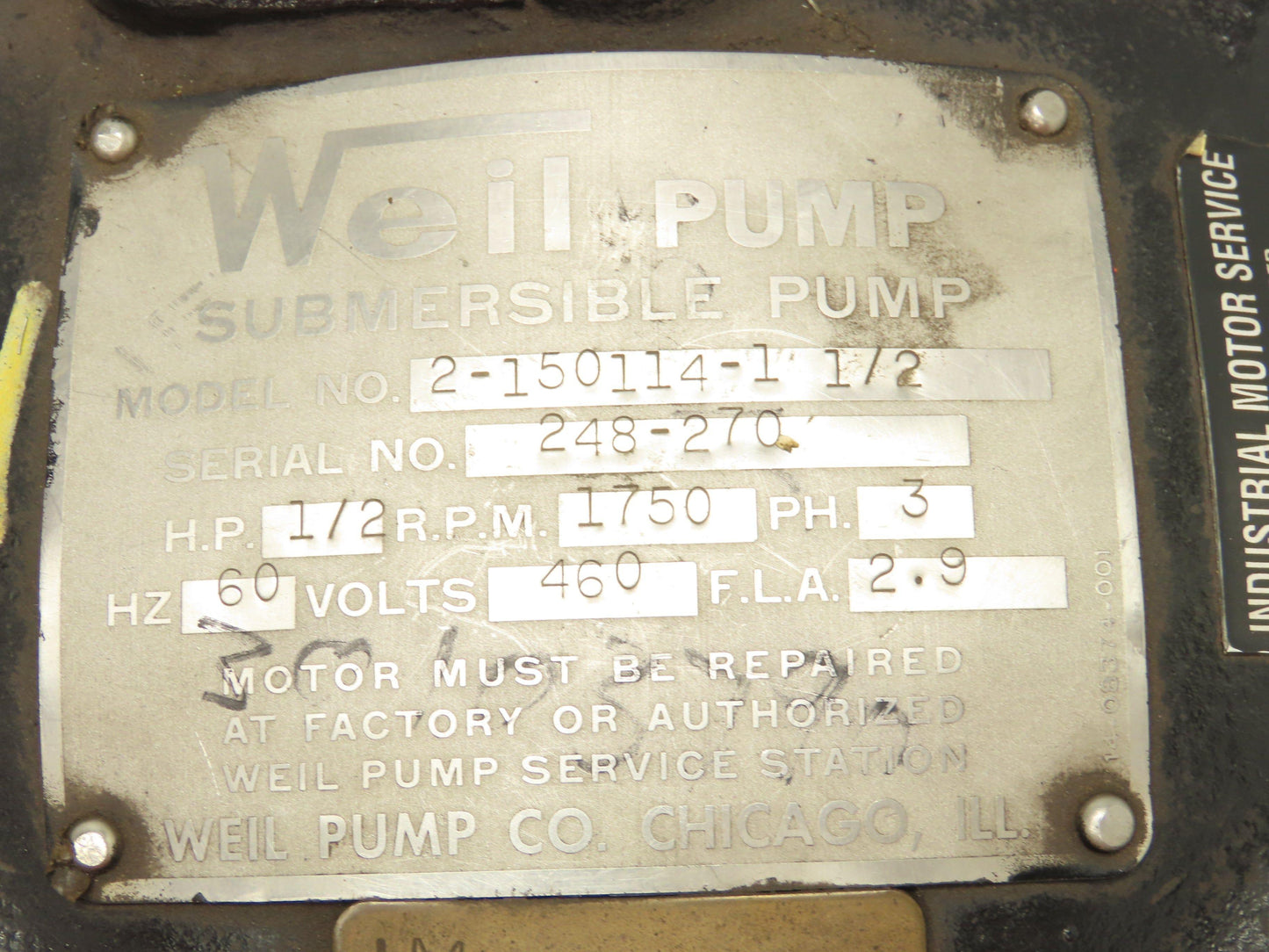 Weil Submersible Waste Water Pump 1-1/2" Flange 1/2HP 1750 RPM 460V 3PH