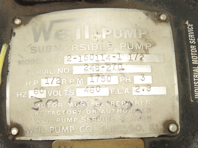 Weil Submersible Waste Water Pump 1-1/2" Flange 1/2HP 1750 RPM 460V 3PH