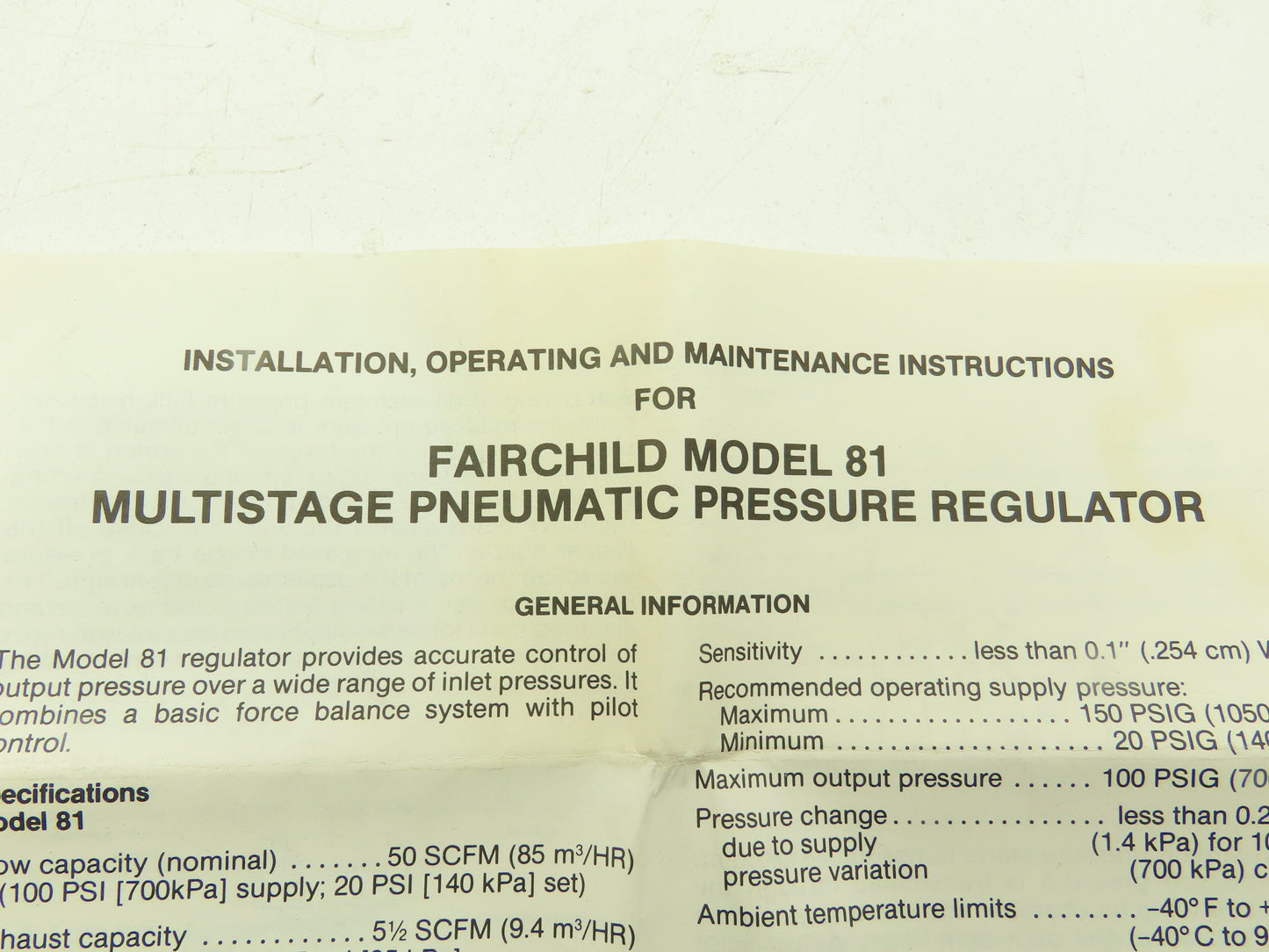 Fairchild EA-12922-2 Repair Kit Pneumatic Air Pressure Regulator Model 81