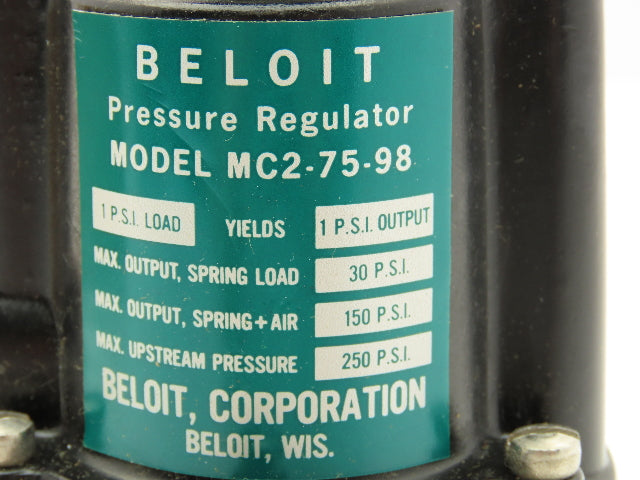 Beloit MC2-75-98A Pressure Regulator 30 PSI Spring Load 150PSI Max Output