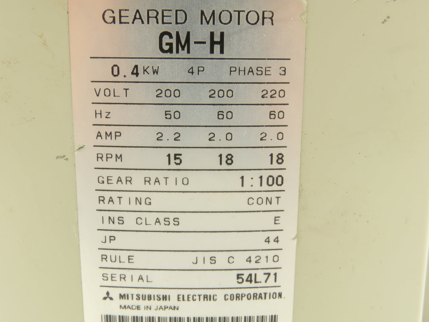 Mitsubishi GM-H Parallel Shaft Geared Motor 1:100 Ratio 0.4Kw 220V 3PH 18 RPM