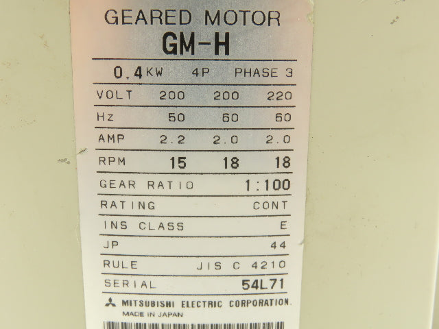 Mitsubishi GM-H Parallel Shaft Geared Motor 1:100 Ratio 0.4Kw 220V 3PH 18 RPM