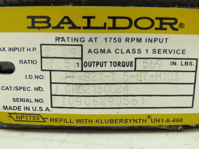 Baldor HF-921-7.5-B7-H103 Speed Reducer Gearbox 7:1 Ratio 2Hp Hollow Shaft 140TC