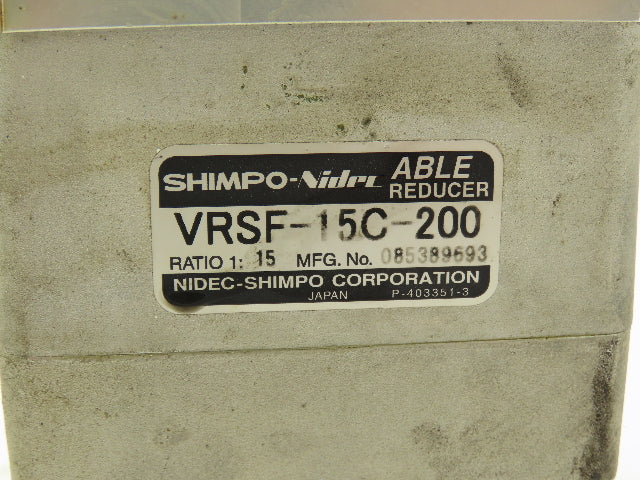 Shimpo VRSF-15C-200 Nidec Able Gear Reducer 15:1 Inline Servo Speed Helical Gear