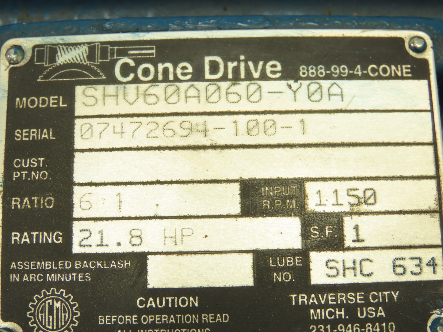 Conedrive SHV60A060-Y0A Gearbox Speed Reducer 6:1 Ratio 22Hp 191RPM Hollow Shaft