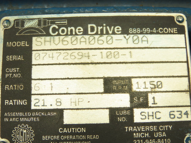 Conedrive SHV60A060-Y0A Gearbox Speed Reducer 6:1 Ratio 22Hp 191RPM Hollow Shaft