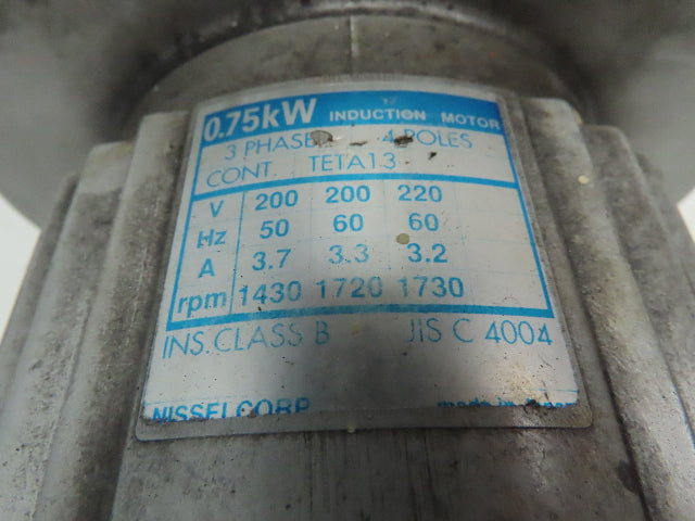 Nissei G3LB-40-160-075 GTR Gearmotor 160:1 0.75kw 220V 3 Ph 10.8 RPM DC Brake