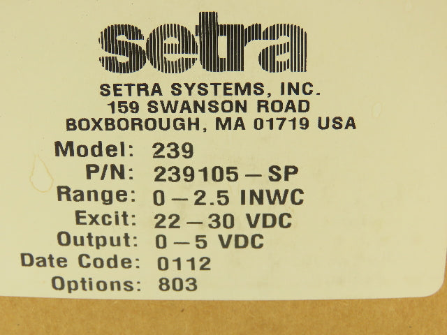 Setra 239 Pressure Transducer Sensor 0-2.5" WC 22-30 VDC 239105-SP