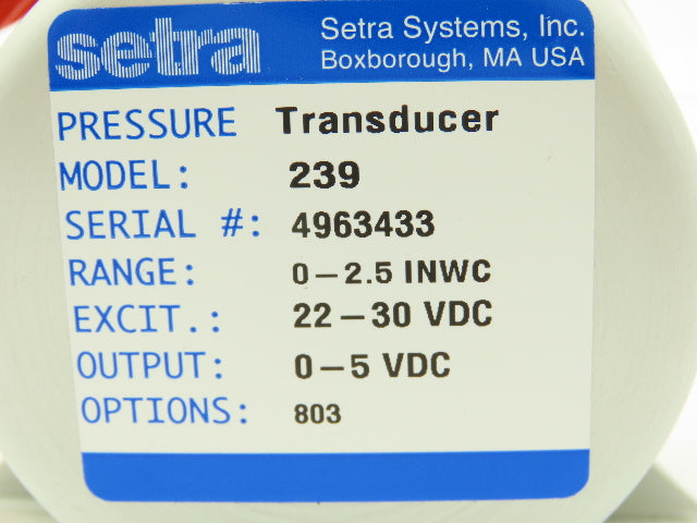Setra 239 Pressure Transducer Sensor 0-2.5" WC 22-30 VDC 239105-SP