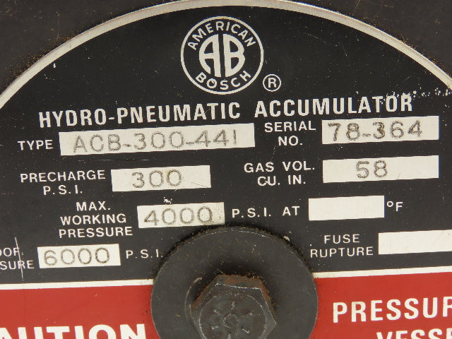 American Bosch ACB-300-441 Hydro-Pneumatic Accumulator 4000 PSI. Pressure Vessel