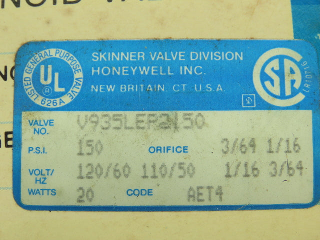 Honeywell Skinner V935LEP2150 Solenoid Valve 4-Way NO/NC 120V 150 PSI 1/4" NPT