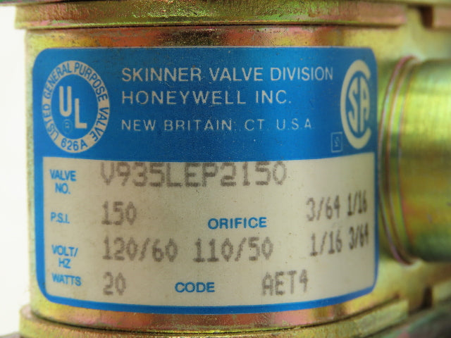 Honeywell Skinner V935LEP2150 Solenoid Valve 4-Way NO/NC 120V 150 PSI 1/4" NPT