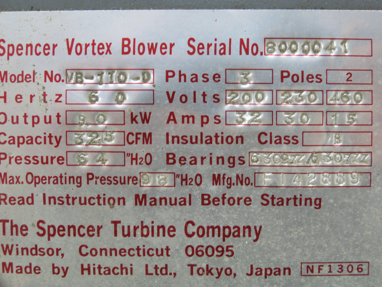 Spencer VB-110-D Vortex Regenerative Blower 325 CFM. 12 Hp. 200-230/460v 3ph