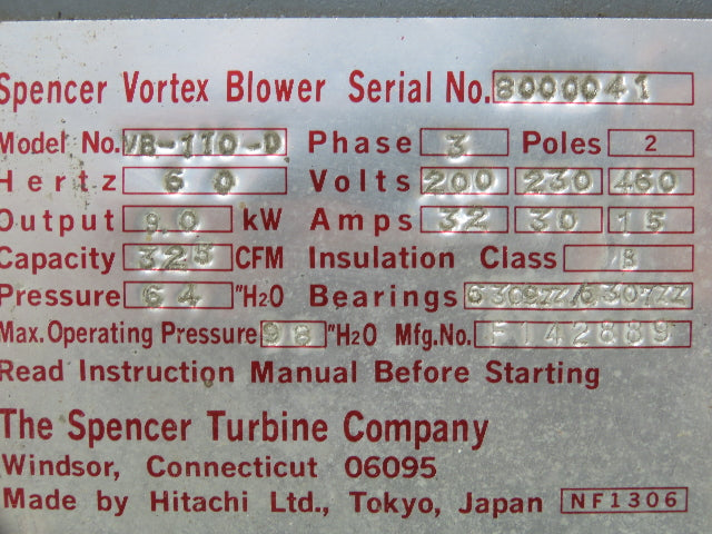 Spencer VB-110-D Vortex Regenerative Blower 325 CFM. 12 Hp. 200-230/460v 3ph