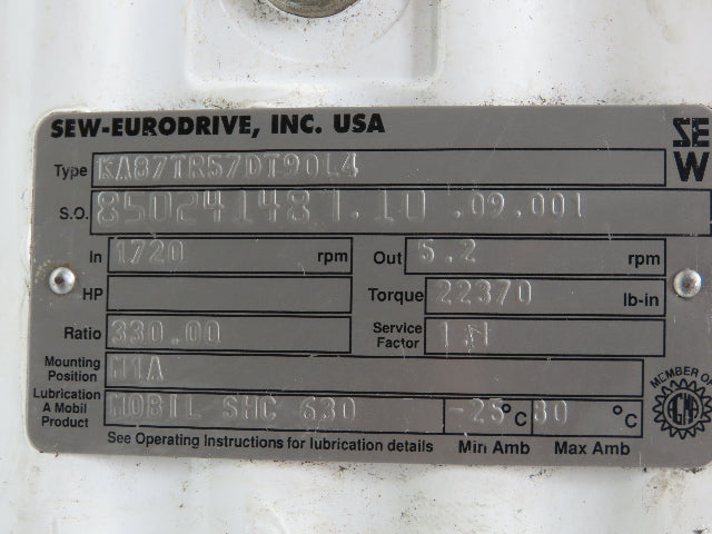 Sew Eurodrive Gear Motor KA87TR57DT90L4 330:1 Ratio 2hp 5.2 Rpm 2-3/8" Hollow