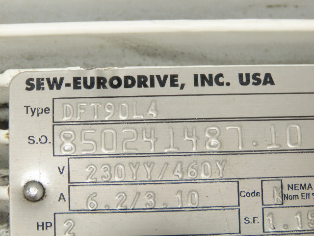 Sew Eurodrive Gear Motor KA87TR57DT90L4 330:1 Ratio 2hp 5.2 Rpm 2-3/8" Hollow
