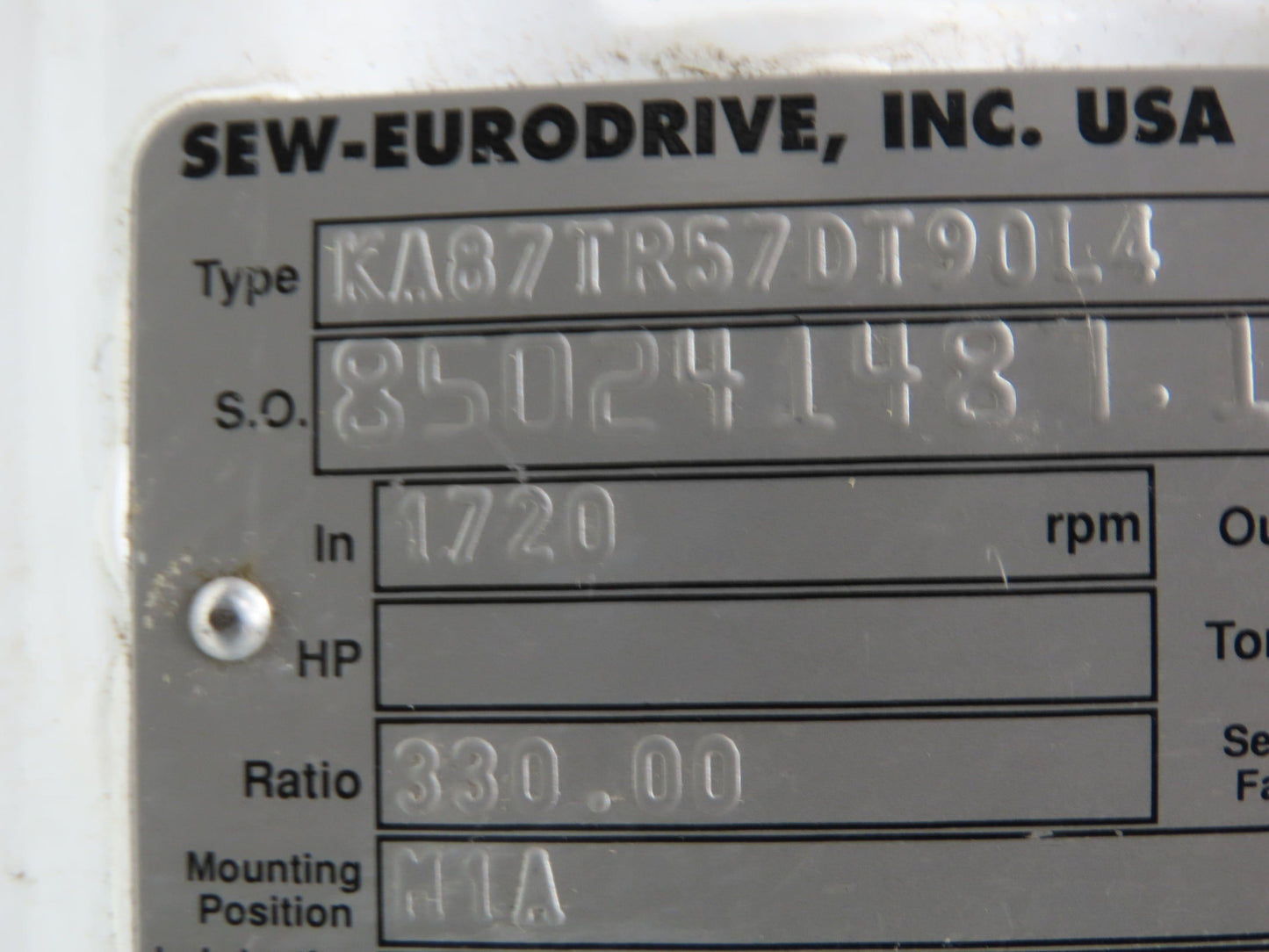Sew Eurodrive Gear Motor KA87TR57DT90L4 330:1 Ratio 2hp 5.2 Rpm 2-3/8" Hollow