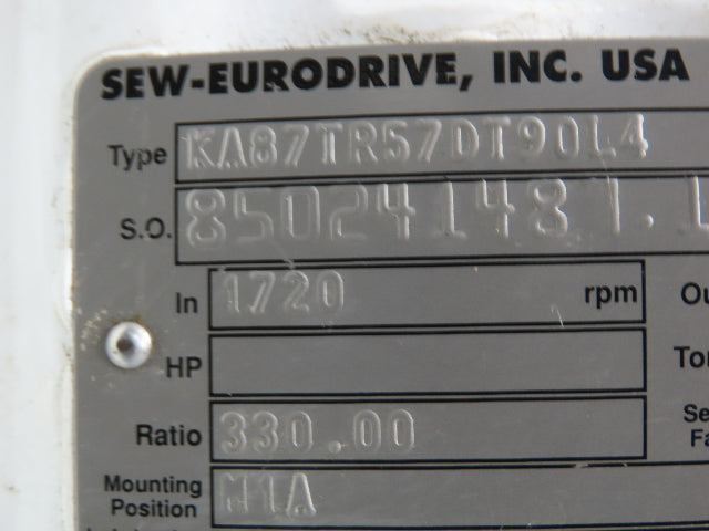 Sew Eurodrive Gear Motor KA87TR57DT90L4 330:1 Ratio 2hp 5.2 Rpm 2-3/8" Hollow