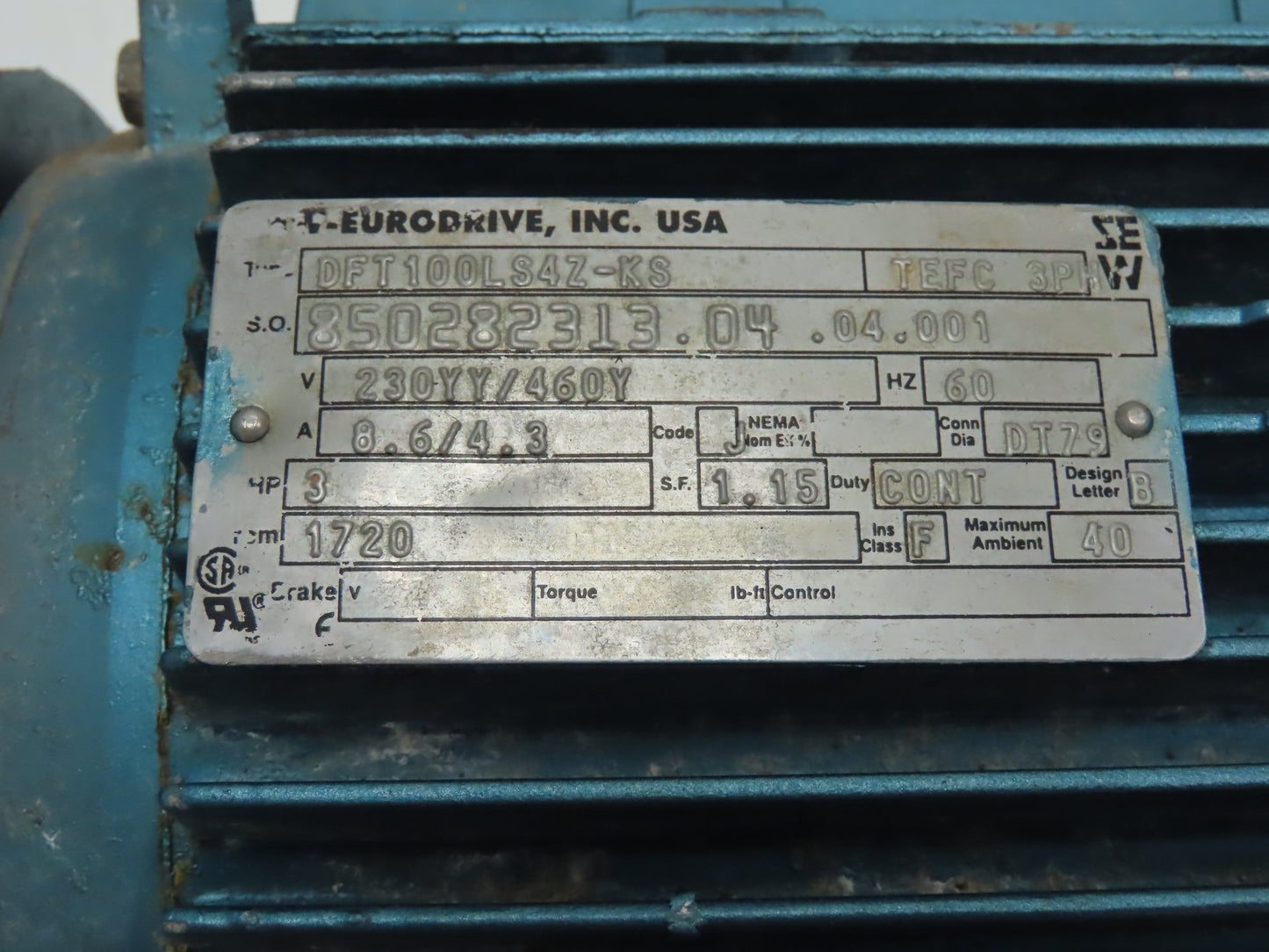 Sew Eurodrive S57DT100LS4Z-KS Gear Reducer 10.80:1 Ratio 3hp 159rpm 230/460v 3ph