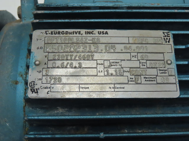Sew Eurodrive S57DT100LS4Z-KS Gear Reducer 10.80:1 Ratio 3hp 159rpm 230/460v 3ph