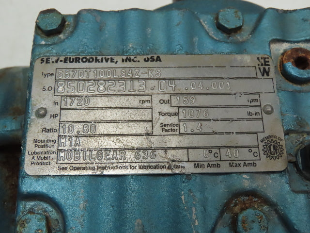 Sew Eurodrive S57DT100LS4Z-KS Gear Reducer 10.80:1 Ratio 3hp 159rpm 230/460v 3ph