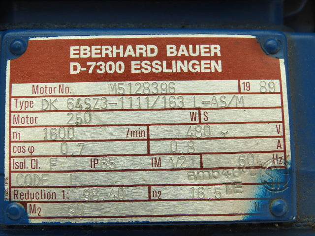 Eberhard Bauer D-7300 Esslinger Gearmotor Brake 480v .8A 98.4:1 Ratio 16.5rpm LH