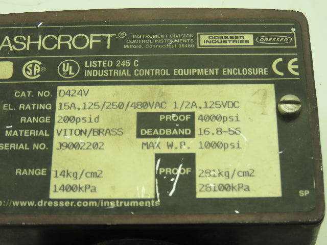 Ashcroft D424V Pressure Switch 200 PSID