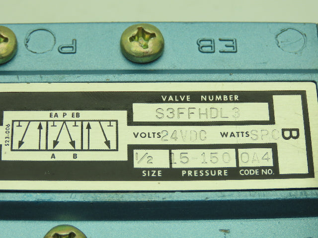 Skinner S3FFHDL3 Directional Control Valve 5-Way 3 Pos 24VDC 150PSI 3/8" NPT