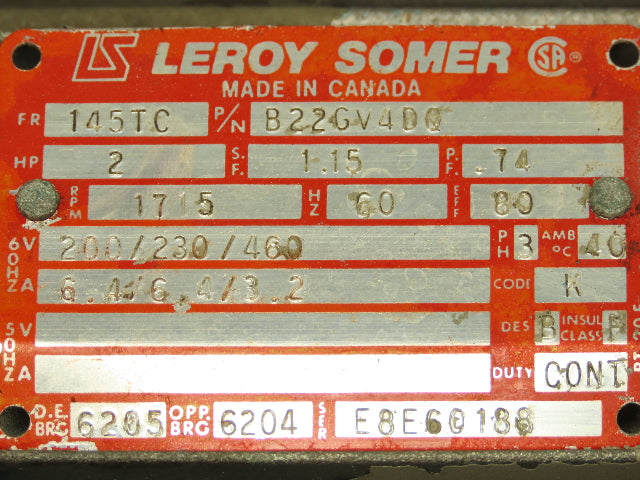 Leroy Somer 22GV4DQ Hydraulic Pump Motor 2HP 1700 RPM 230/460V 3PH 2.5L