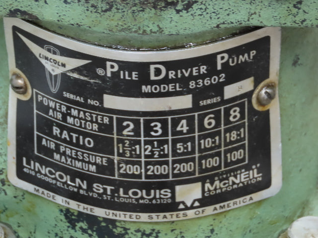 Lincoln Power Master 6 Pile Driver Pump 10:1 Air Motor Drum Unloader