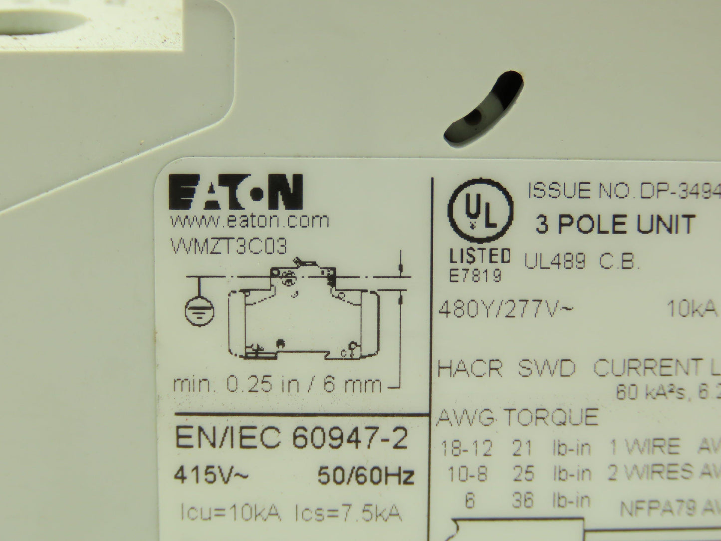 Eaton WMZT3C03 Circuit Breaker 3 Amp 480 Volt 3Ph 3 Pole Lot of 2