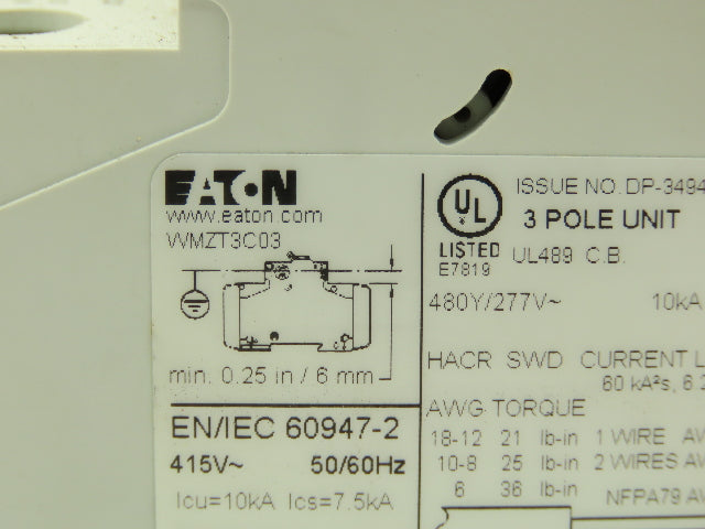 Eaton WMZT3C03 Circuit Breaker 3 Amp 480 Volt 3Ph 3 Pole Lot of 2