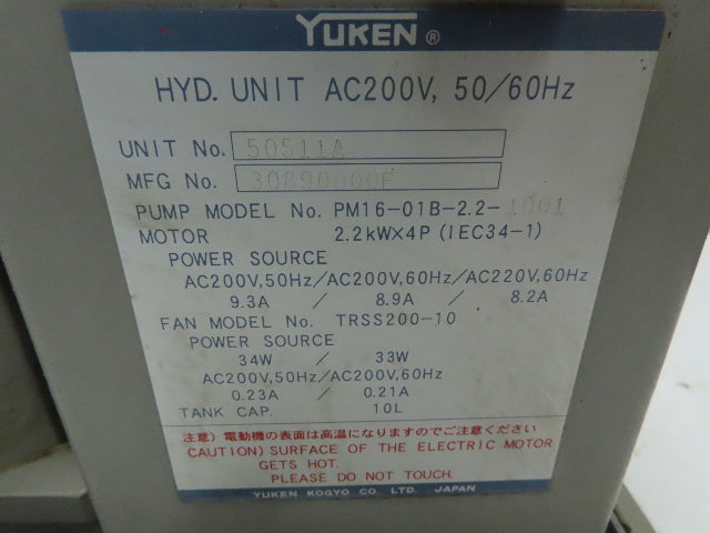 Yuken PM16-01B-2.2-1001 PAL Pump Hydraulic Power Unit 45 GPM 2.2kW 220V 3PH