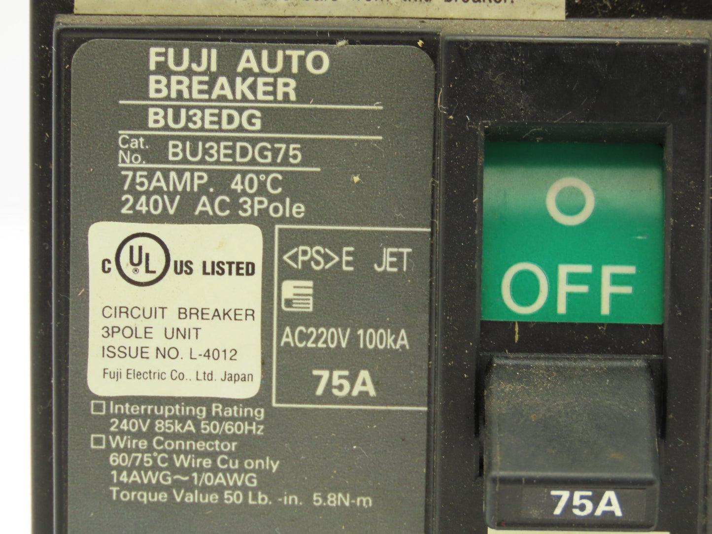 Fuji Electric BU3EDG75 Auto Breaker BU Series 75A 240V 3 Pole Ph