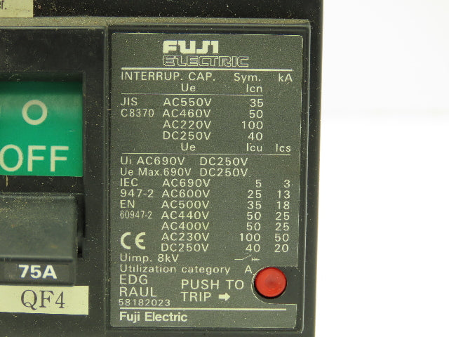 Fuji Electric BU3EDG75 Auto Breaker BU Series 75A 240V 3 Pole Ph