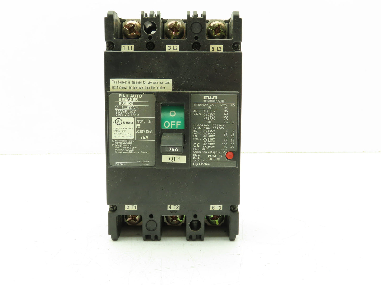 Fuji Electric BU3EDG75 Auto Breaker BU Series 75A 240V 3 Pole Ph