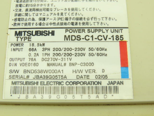 Mitsubishi MDS-C1-CV-185 Servo Power Supply Unit 76A 18.5kw