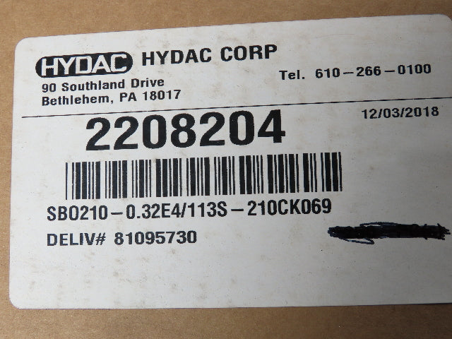 Hydac Hydraulic Diaphragm Accumulator MAWP 3000 PSI 20 Cu.In. SAE 1/2-8