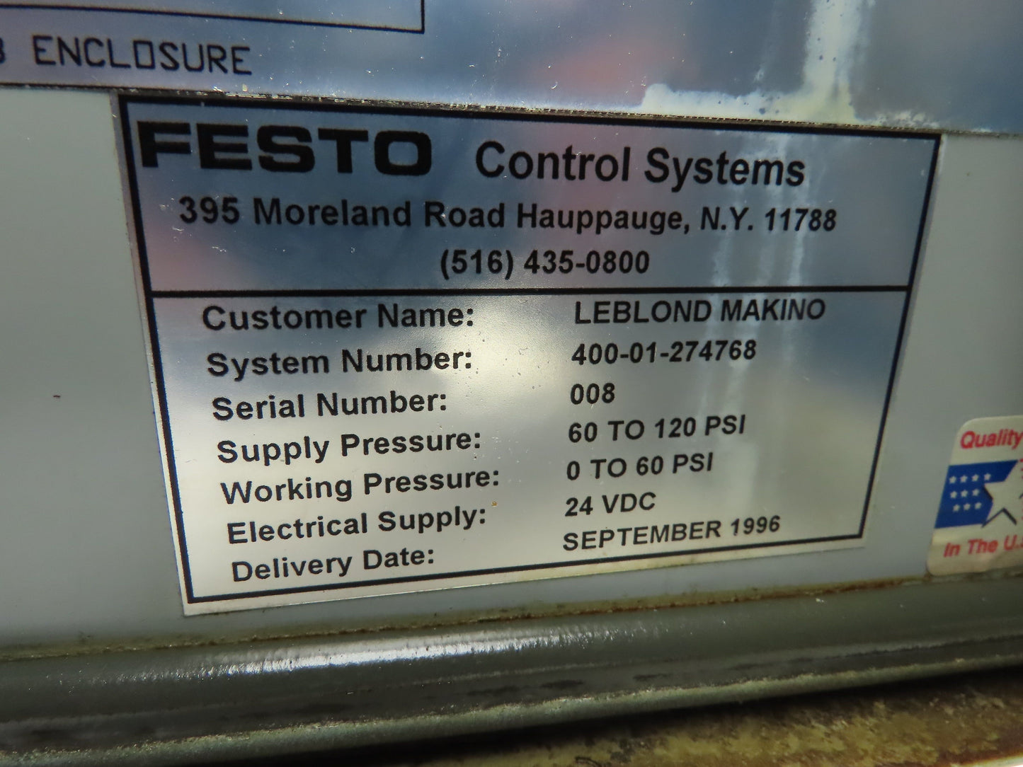 Festo Control Systems Pneumatic Solenoid Valve Control Panel Box 24VDC 16x12x8"