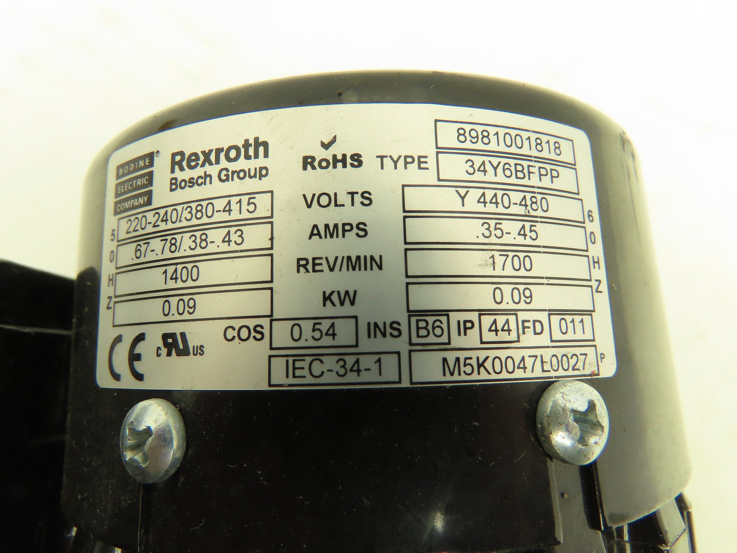 Rexroth 3842503060 Gearmotor Speed Reducer 7 Nm 15:1 Ratio 0.09kw Motor 480V 3Ph