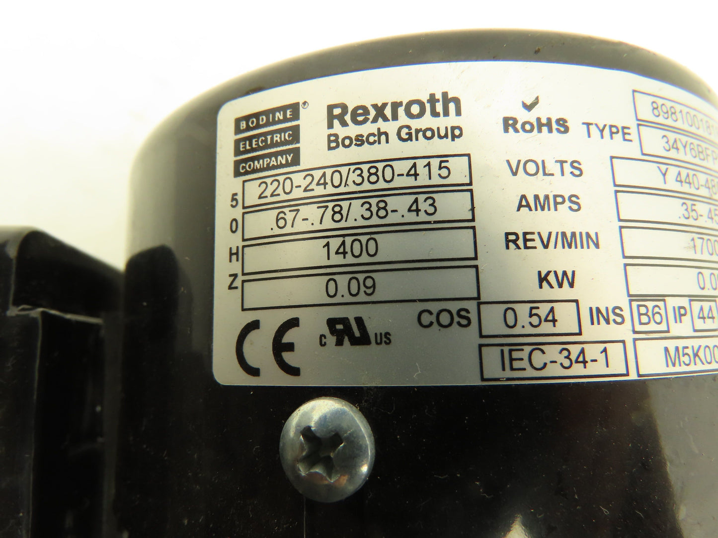 Rexroth 3842503060 Gearmotor Speed Reducer 7 Nm 15:1 Ratio 0.09kw Motor 480V 3Ph