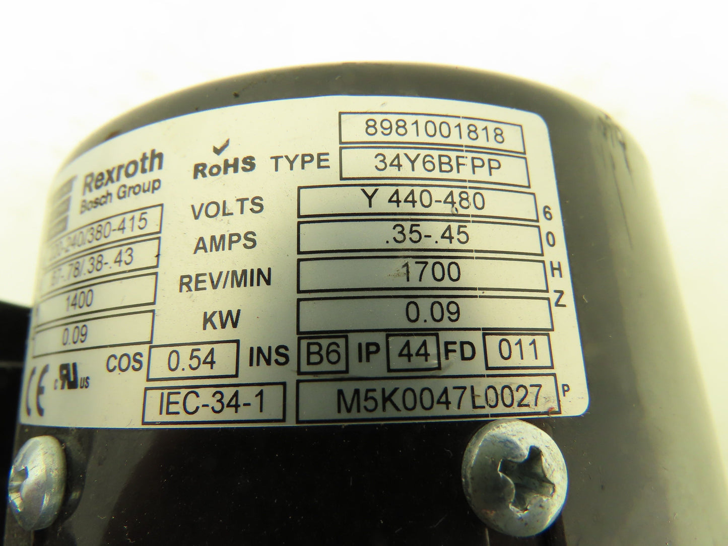 Rexroth 3842503060 Gearmotor Speed Reducer 7 Nm 15:1 Ratio 0.09kw Motor 480V 3Ph