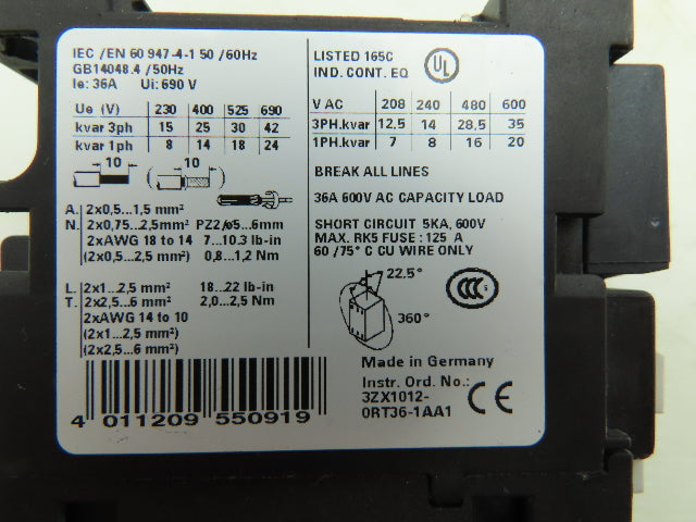 Siemens 3RT1627-1A Motor Starter Contactor Aux Contacts 690V 36A 3Ph 230V Coil